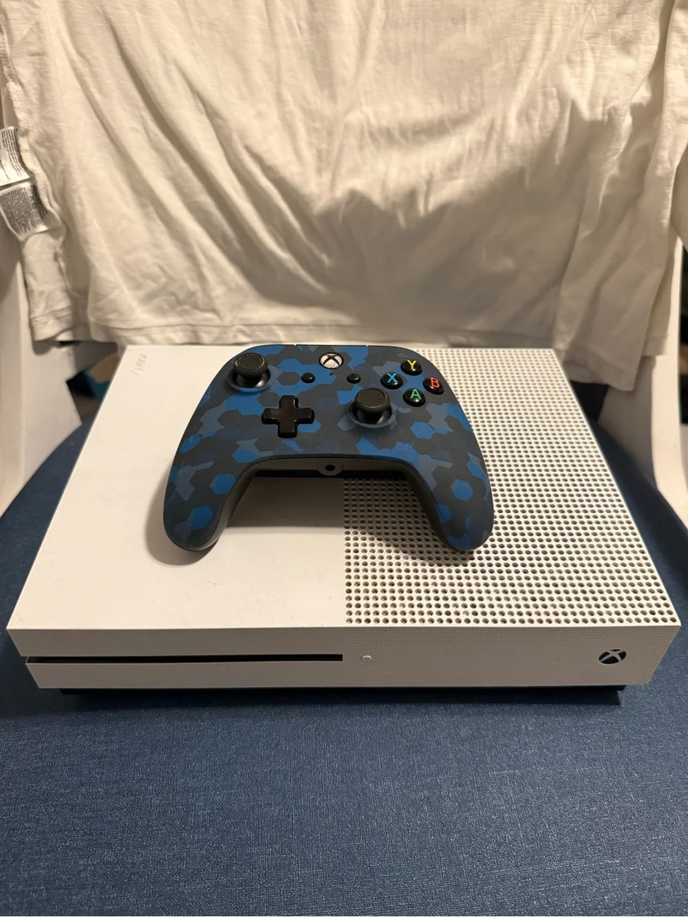 Microsoft Xbox One S White Console with 1 T and Blue Camo Wireless Controller